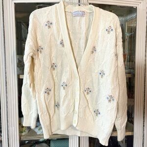 Vintage Melbourne Blues Cream Cardigan sweater Floral Embellished cottagecore